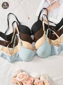 4件套女士舒适透气无钢圈软杯聚拢文胸，适合小胸 - 彩色 - 查看 1