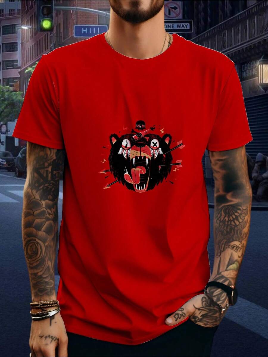 Men's T-Shirt Bear DTF Short Sleeve - Đỏ - Xem 1