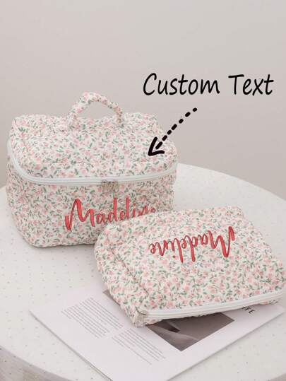 1pc Customized Name Embroidered Double-Layer Makeup Bag, Vintage Red & White Daisy Floral Quilted Large Handheld Makeup Pouch, Quilted Makeup Bag, Personalized Embroidered Letter Makeup Bag, Floral Portable, Gift For Friends, Kids, Pink Girls For Anniversary, Birthday, Christmas, Holiday/Vacation, School, Outdoor/Picnic/Travel/Hiking/Sports/Climbing