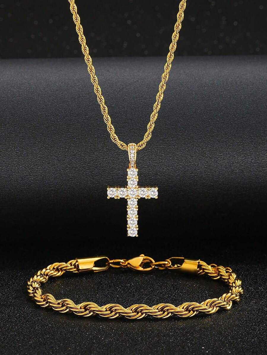 2pcs/Set Exquisite Sparkling Pave Zirconia Cross Pendant Stainless Steel Twisted Rope Chain Necklace & Bracelet For Boys Girls Punk Hip Hop Street Party Accessory Gift For Daily Life Fine Jewelry