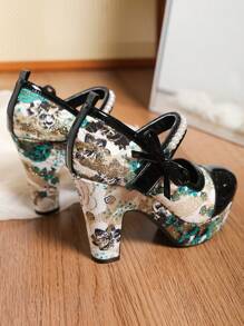 2024 年春/秋新款人造珍珠装饰蝴蝶结高跟鞋，优雅拼色玛丽珍厚底鞋，适合正装场合