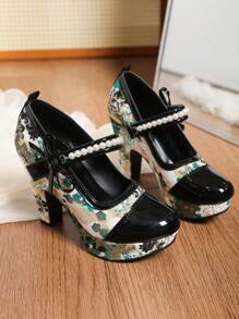 2024 年春/秋新款人造珍珠装饰蝴蝶结高跟鞋，优雅拼色玛丽珍厚底鞋，适合正装场合
