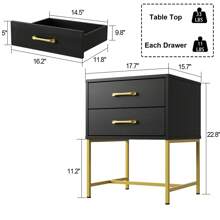 Mesa de noche contemporánea con 2 cajones y patas de metal - Diseño elegante, construcción resistente, cajones de deslizamiento suave