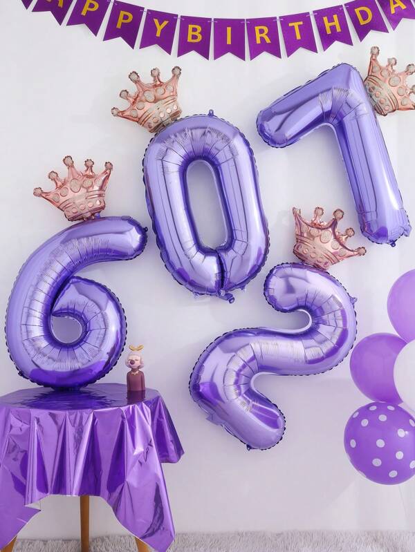 1set Ombre Crown 32' Birthday Number Balloon, Purple & Pink Cute Girl Birthday Decorations, Foil Number Balloon, Back To School Valentine Day
