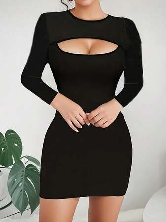 Abito casual a maniche lunghe con collo tondo lavorato a maglia tinta unita, autunno inverno