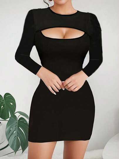 女士纯色针织圆领长袖休闲连衣裙，秋冬