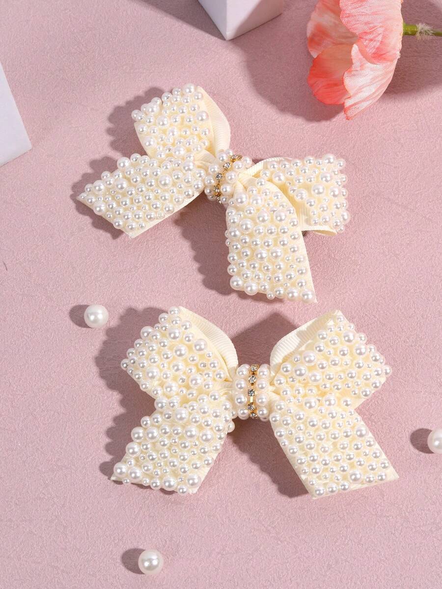 2个珍珠蝴蝶结发夹，奶油色鳄鱼夹，适合女孩和青少年，可作为派对礼物和日常佩戴。 - 米色 - 查看 1