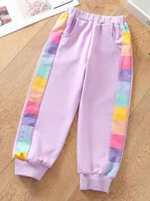 女宝宝彩色条纹圆领长袖上衣和裤子套装，春秋 - 紫色 - 查看 4