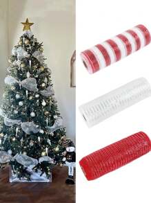1 Roll Christmas Poly Mesh Ribbon, 10 Inch X 10 Yard Metallic Poly Mesh Ribbon Red And White Glitter Foil Mesh Ribbon Decorative Mesh Rolls For DIY Wreath Crafts Christmas Party Decoration Home Decor Christmas Decorations Room Decor Winter