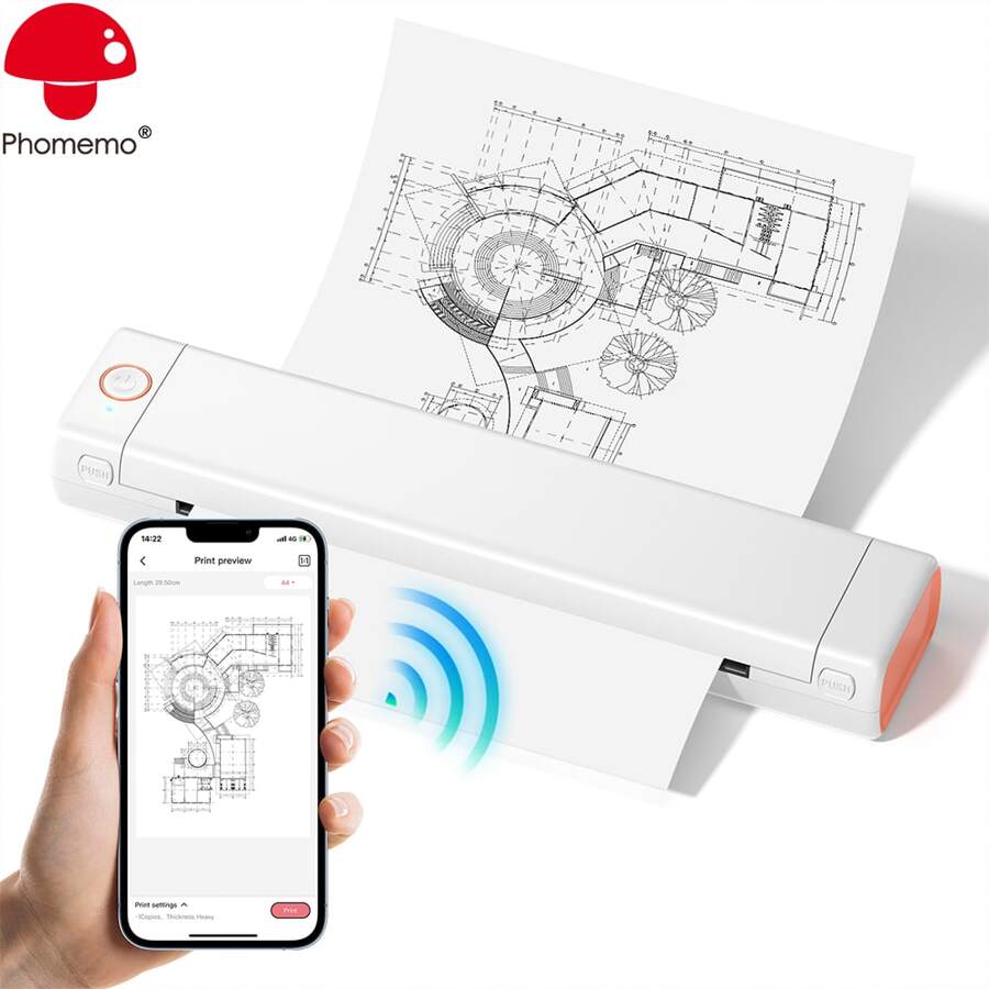 Phomemo 1pc M08F A4 Portable Printer Wireless For Travel - M08F-A4 Wireless Mobile Printer, Support 8.27" X 11.69", 210 X 297 Mm Size A4 Thermal Paper, Inkless Thermal Compact Printer, Compatible With Android And IOS Phone, IPads & Laptop, Compact And Space-Saving Design Printer For Traveling, Photo Printing, Work, Office, Business, Home, Car, University, Study, Multi-Functional Printer For Officer, Student, HD Printer With 203dpi, M08F Wireless Printer With Strong Compatibility For Printing PDF, Word, Images, Web, Etc, Built-In 1200mAh Rechargable Battery With Type-C Cable, Great Tool For Improving Work Efficiency, Portable Tattoo Printer For Gifts For Everyone