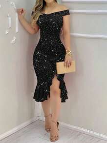 Off Shoulder Sexy Solid Color High Slit Elegant Ruffle Hem Glitter Party Dress, Spring/Summer