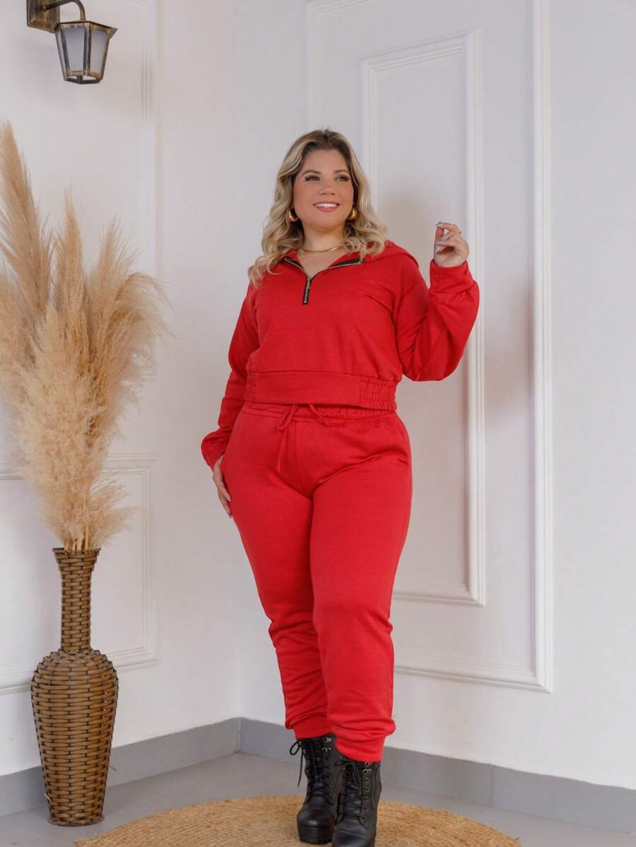 Plus Size Set In Sweatshirt, Pants With Pocket And Blouse With Zipper Detail On The Collar And Hood - Màu Đỏ Sâu - Xem 1