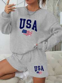 Women's Fashionable Printed Crew Neck Sweatshirt And Shorts, Two-Piece Set, Suitable For Sleeping At Home, Keeping Warm During Sports, Suitable For Autumn And Winter, Fall Clothes