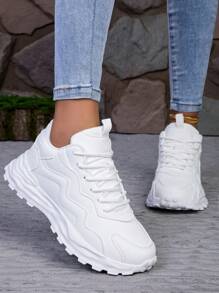 Women's Lace-Up Casual Sneakers, Spring Autumn, New Fashion PU Leather, White, Comfortable Soft Soles, Lightweight