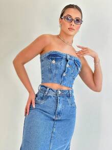 Crooped Strapless Button Jeans With Front Pocket And Elastic Back In Premium Jeans - 中等水洗藍 - 查看 2