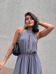 Women's Long Sleeveless Dune Fabric Jumpsuit - Xám - Xem 5