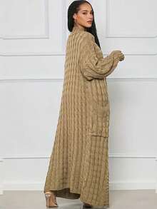 Plus Size Women's V-Neck Long Sleeve Solid Color Cable Knit Cardigan Sweater, For Winter Casual - Khaki - View 2