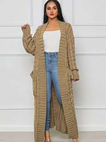 Plus Size Women's V-Neck Long Sleeve Solid Color Cable Knit Cardigan Sweater, For Winter Casual - Khaki - View 1