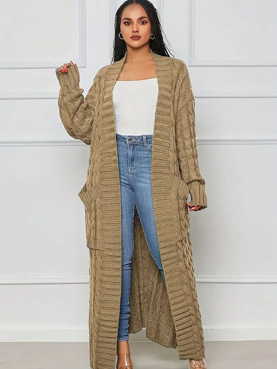 Plus Size Women's V-Neck Long Sleeve Solid Color Cable Knit Cardigan Sweater, For Winter Casual - Khaki - View 1
