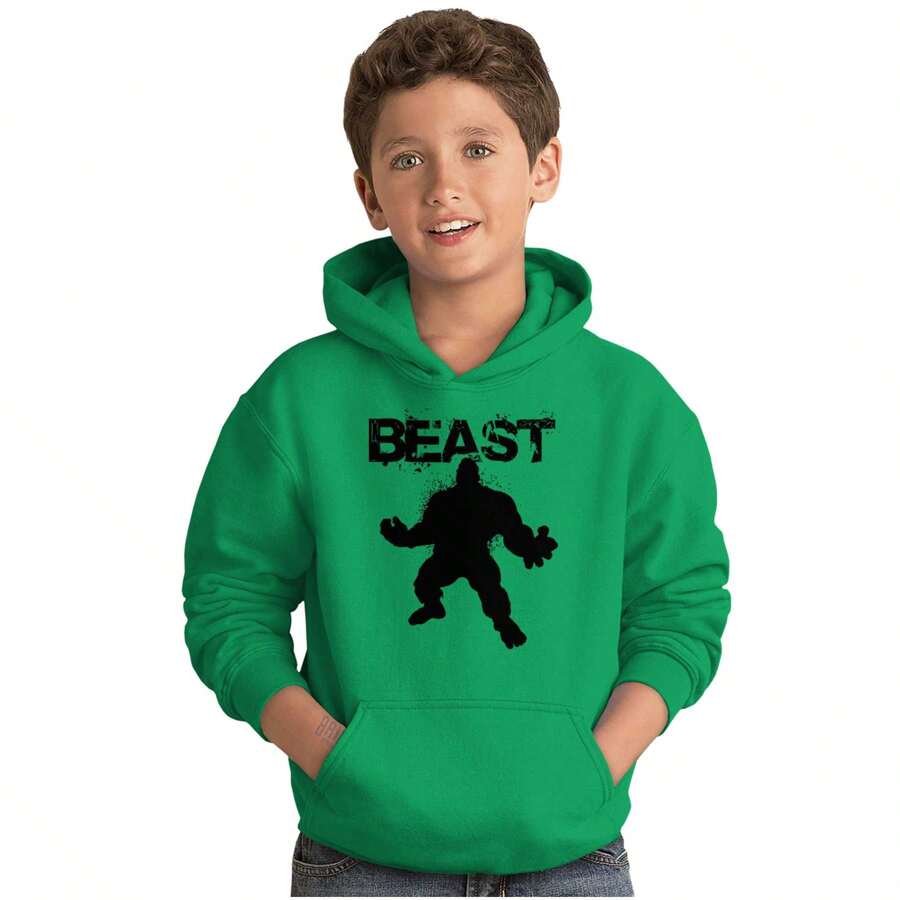 Gym Youth Graphic Fleece Lined Pullover Hoodie Beast Mode Workout Slogan Fitness Quote Exercise Saying Tween Casual Everyday Cotton Printed Thermal Lined Drawstring Hooded Sweatshirt Kangaroo  Pocket Kids Clothes - 愛爾蘭綠 - 查看 1