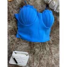 Cropped Top Thin Chain Strap Blouse With Mermaid Cup Fashion Blogger Retro Summer Beach Party Neopreme Suplex Strap - 藍色 - 查看 2