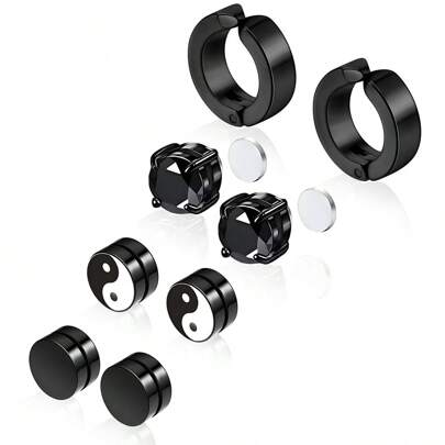 4 Pairs Surgical Steel Earrings For Men, Earrings Magnetic Earrings Studs Screw Back Earrings Flat Back Stud Boys Earrings Hypoallergenic Aritos Para Hombre Black Earrings Set