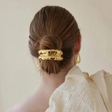 1pc Double Layer Whacked Pattern Metal Large Fashion Hammered Arch Pony Rhodium Hair Tie Ponytail Hair Pin, Daily Vintage Jewelry - Multicolor - View 3