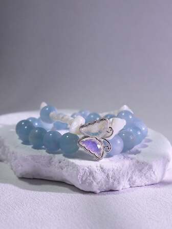 1 件时尚天然半宝石手链，配有双链蝴蝶海蓝宝石和贝壳珠，适合送礼、配送礼品盒和珠宝收纳袋。