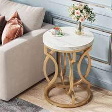 Tribesigns Modern Round Side Table With Thick Wooden Top, 20" Cocktail Table With Unique O-Shaped Base, Mid-Century Nightstand For Living Room And Bedroom - White & Gold - View 2