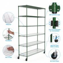 6 Tier Wire Shelving Unit, 6000 LBS NSF Height Adjustable Metal Garage Storage Shelves With Wheels, Heavy Duty Storage Wire Rack Metal Shelves - Black - 綠+鐵+塑料 - 查看 2