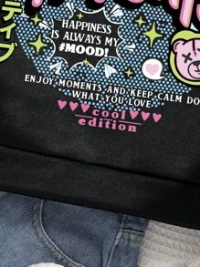 Tween Girls Lettering Print Warm Hoodie - Black - View 7