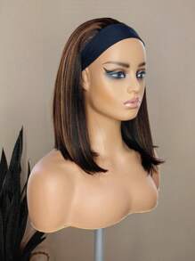 Headband Wigs Highlight Brown Short Straight Hair Black Bob Headband Wig Wear And Go Glueless Wig Synthetic Wig With Headband 12 Inch For Women