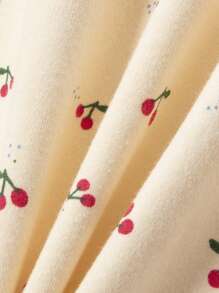 年轻女孩睡衣套装，花领可爱樱桃印花长袖 T 恤和裤子家居服套装