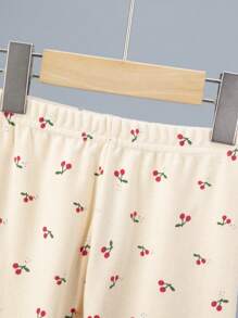 年轻女孩睡衣套装，花领可爱樱桃印花长袖 T 恤和裤子家居服套装