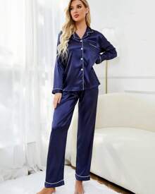 Women's Silk Satin Pajamas With Spandex Pants And Long Maga Shirt With Pocket And Button - 藏蓝色 - 查看 2