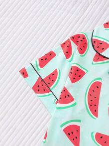Marira Fruit Watermelon Printed Women's Pajama Set, Comfortable Turn-Down Collar Short Sleeve Top And Loose Shorts, Casual All-Season Women's Sleepwear And Homewear - Mint Green - View 4