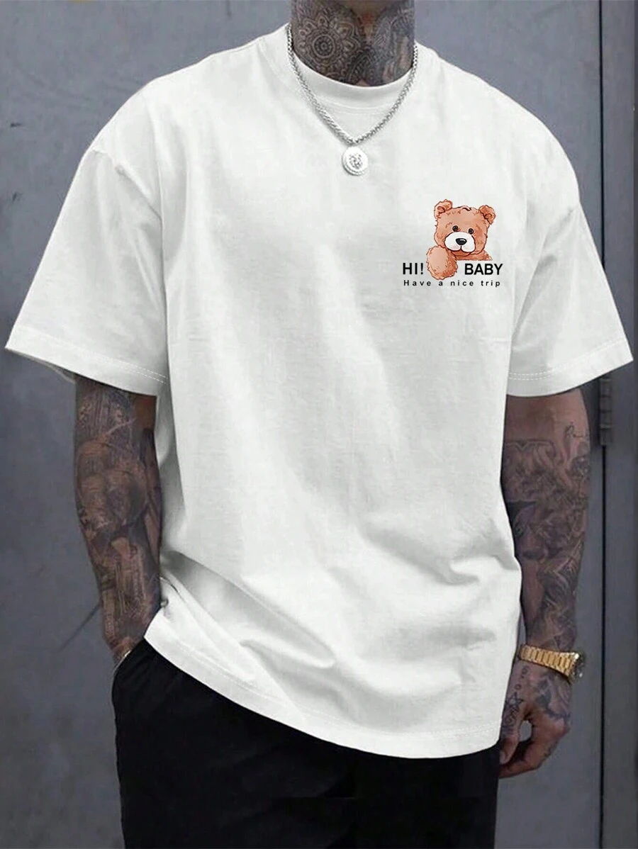 Hombres Camiseta con estampado de oso y letra - Blanco - Ver 1