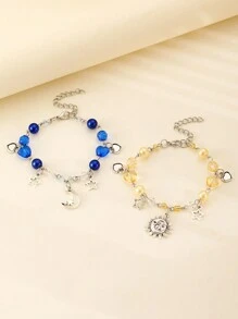 2pcs/Set Couple Beaded Bracelets With Heart, Star, Moon And Sun Charms, Gift Idea For Lovers - Sun and Moon - View 13