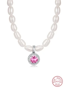 1 件优雅奢华 925 纯银养殖珍珠圆形吊坠项链，适合女性日常佩戴、正式场合、万圣节礼物 - 粉色 - 查看 1