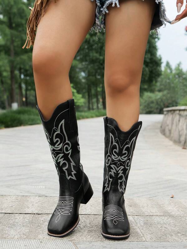 New Autumn & Spring Fashion Brown & Burgundy High Top Women's Outdoor Sports Shoes, High-End Formal Pointed Toe Chunky Heel Slip-On V-Cut Comfortable Lightweight Non-Slip Durable Casual Outdoor Western Boots For Ladies