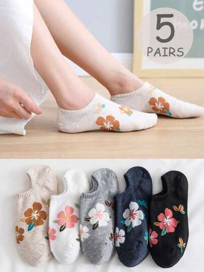 5雙女士花卉薄款低幫襪，透氣吸汗女士隱形襪
