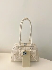 Multi-Pocket PU Leather Satchel Bag Women, Vintage Simple Fashion Bowknot Decor, Suitable For Commuting And Travel, Large Capacity Shoulder Bag