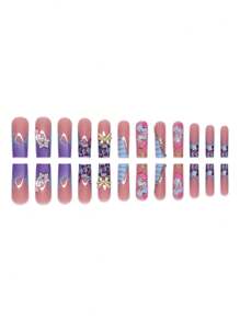 24 piezas de uñas postizas en forma de ataúd de estilo francés de alta gama con diseño de mariposas doradas en 3D y flores verdes, adecuadas para el uso diario de mujeres y niñas