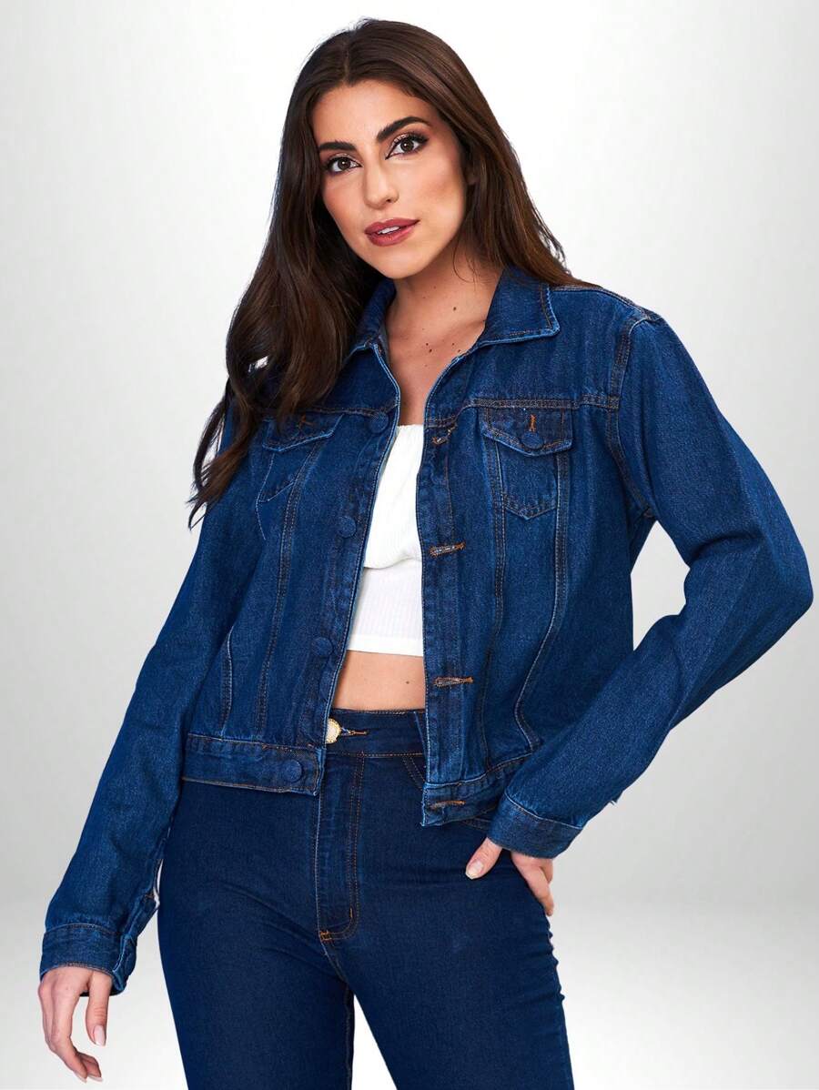 Women's Traditional Denim Jacket With Covered Buttons - Rửa tối - Xem 1