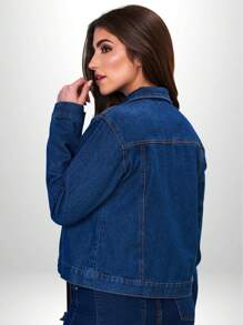 Women's Traditional Denim Jacket With Covered Buttons - Rửa tối - Xem 3