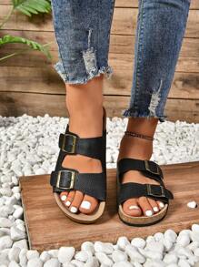 Women's Flat Soft Cork Sandals, Cross Toe Strap Summer Sandals, Retro Casual Slides With Adjustable Buckle