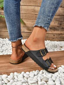 Women's Flat Soft Cork Sandals, Cross Toe Strap Summer Sandals, Retro Casual Slides With Adjustable Buckle
