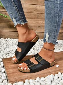 Women's Flat Soft Cork Sandals, Cross Toe Strap Summer Sandals, Retro Casual Slides With Adjustable Buckle