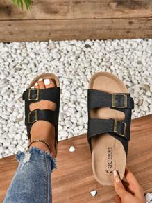 Women's Flat Soft Cork Sandals, Cross Toe Strap Summer Sandals, Retro Casual Slides With Adjustable Buckle