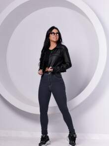 Jacket With Faux Leather Pocket - màu đen - Xem 1